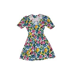 80s 90s Vintage EXPO Floral Cottagecore Country Pink Blue Circle Skirt Dress